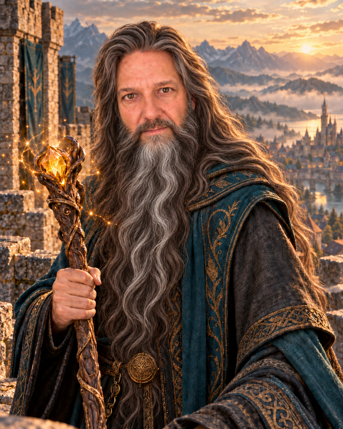 Fantasy portrait of Carson Holmes with long salt-and-pepper hair and a flowing beard, as a wizard atop a medieval tower